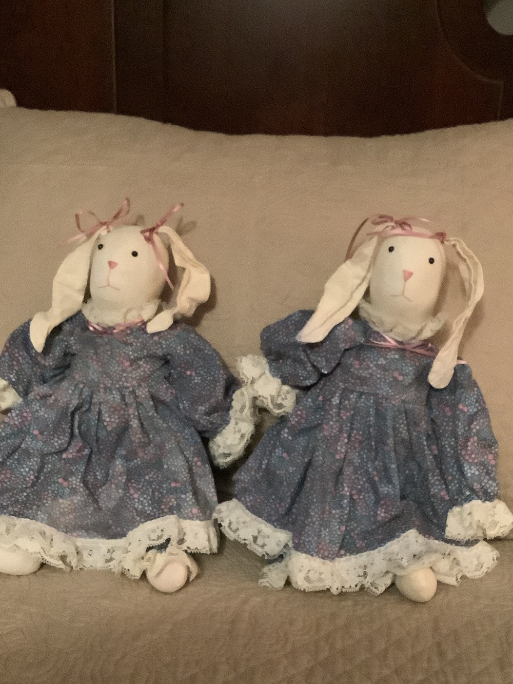 Pair of Handmade Bunny Dolls in Blue Floral Dresses